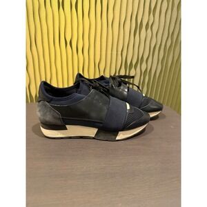 Balenciaga Race Runner Navy Black Leather‎ Mesh Sneakers EU 35 Womens Low Top